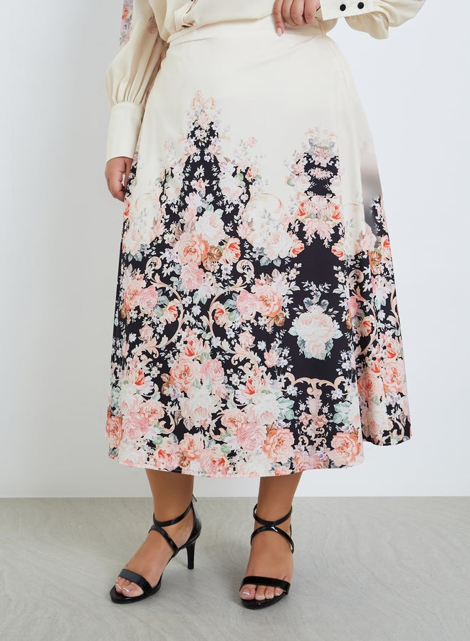 ستايلي تنورة ميدي بنقشة زهور وحافة واسعة مقاس كبير - Image 1